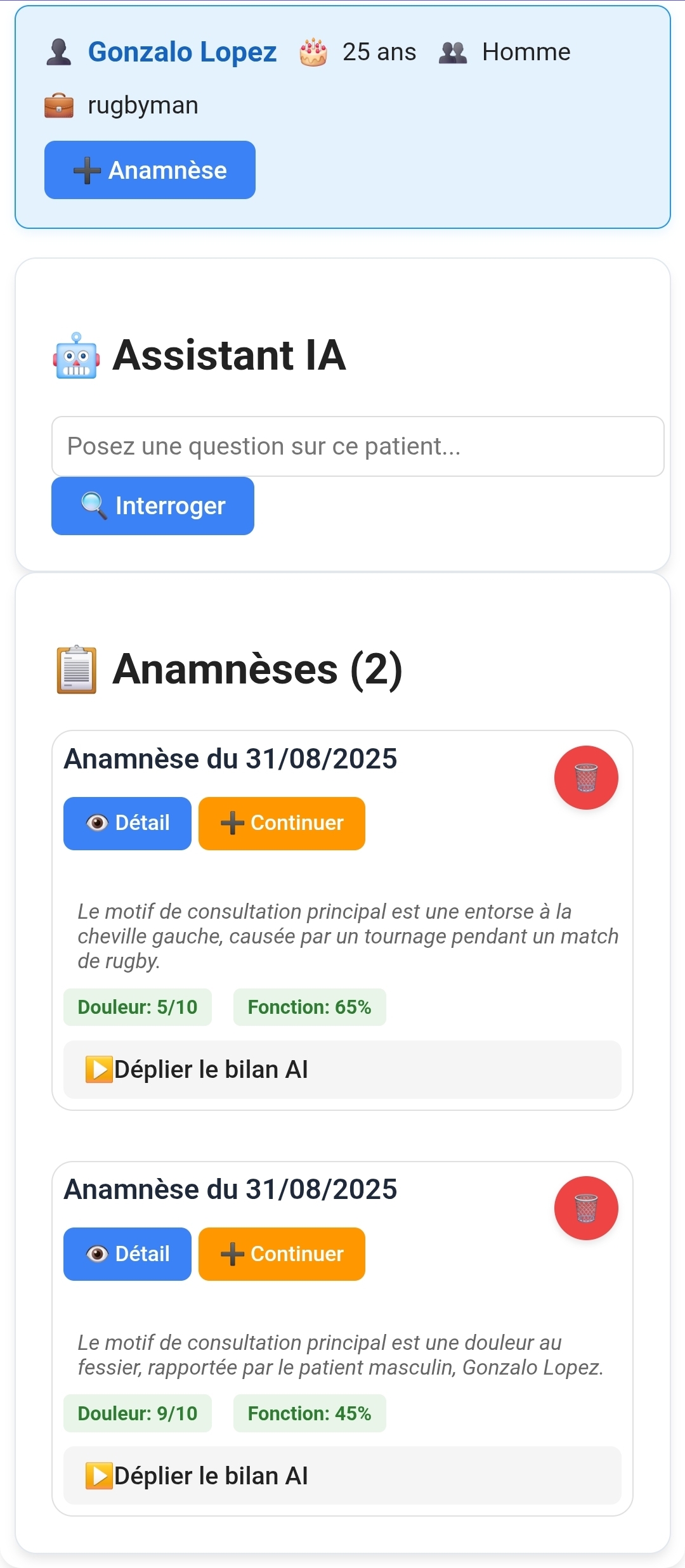 Détail patient ostéopathe - Historique consultations et suivi médical OsteoTools