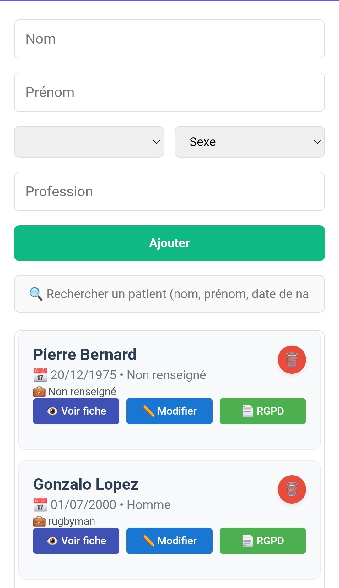 Gestion patients cabinet ostéopathe - Interface administrative OsteoTools