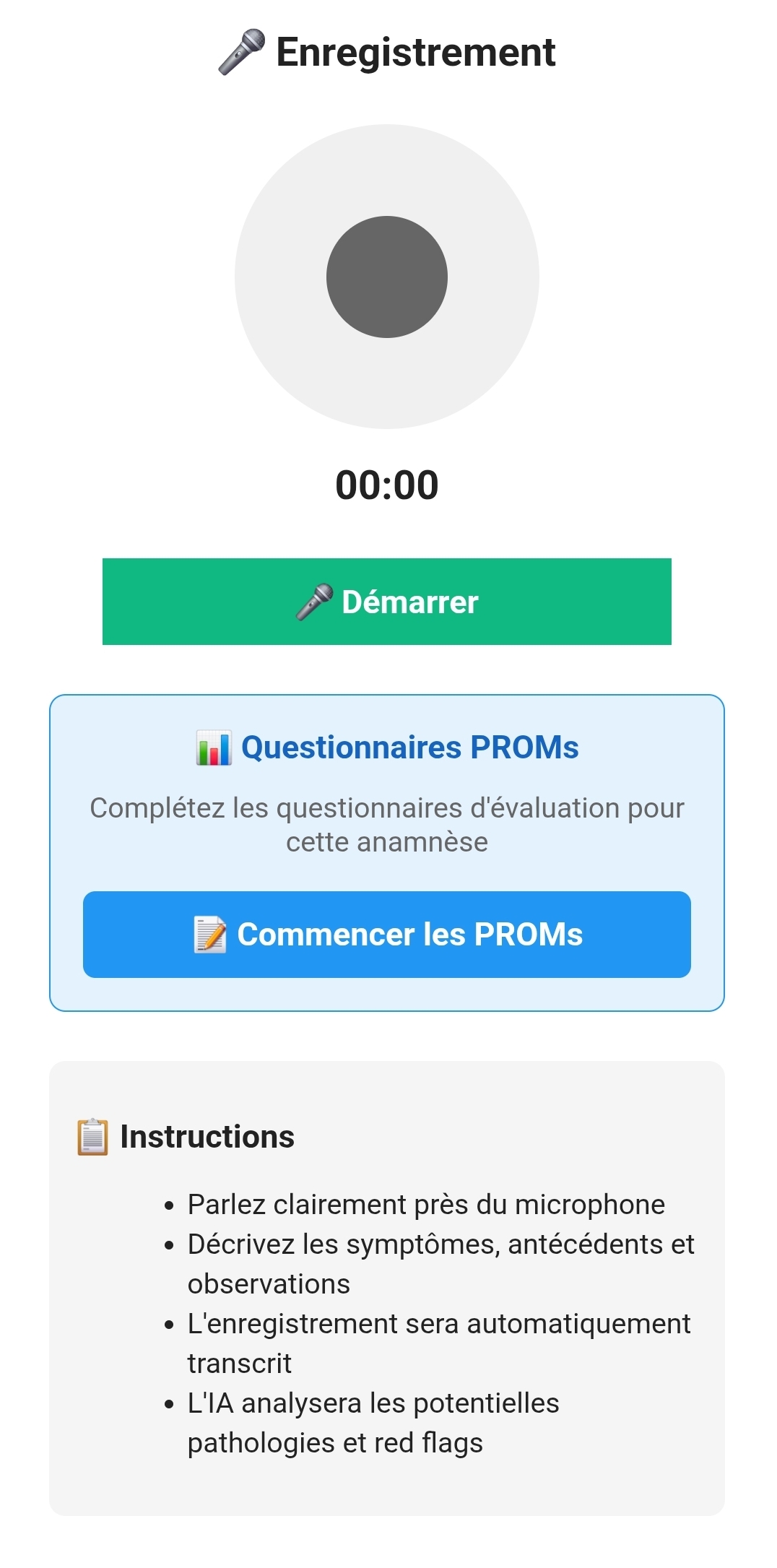 Enregistrement audio anamnèse ostéopathique - Interface OsteoTools avec consentement RGPD