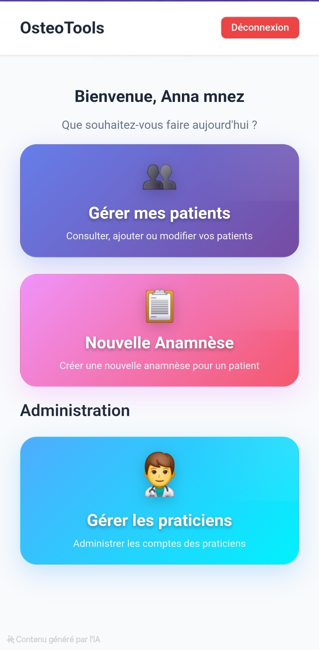 Tableau de bord OsteoTools - Interface anamnèse ostéopathique avec IA locale, transcription audio et détection red flags
